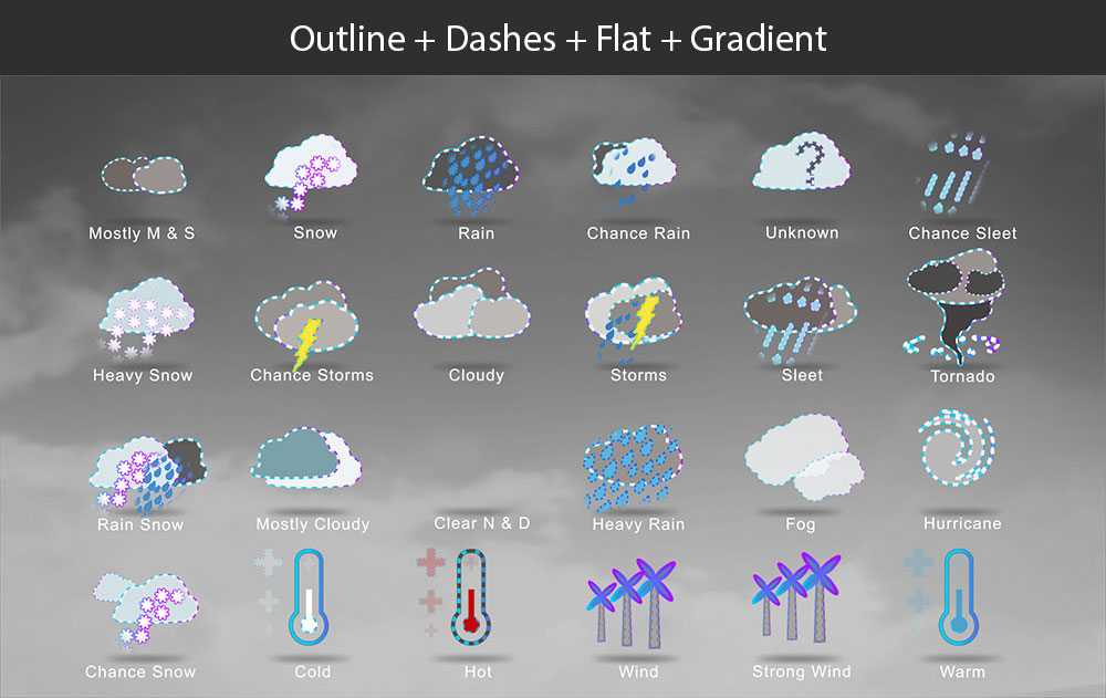 Weather icons dashes flat gradient